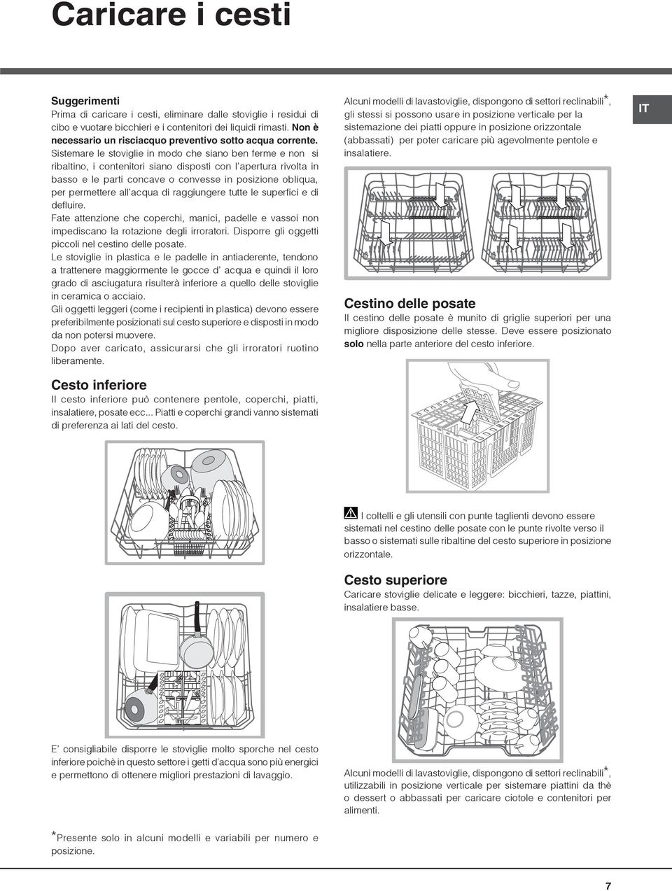 Sistemare le stoviglie in modo che siano ben ferme e non si ribaltino, i contenitori siano disposti con l apertura rivolta in basso e le parti concave o convesse in posizione obliqua, per permettere