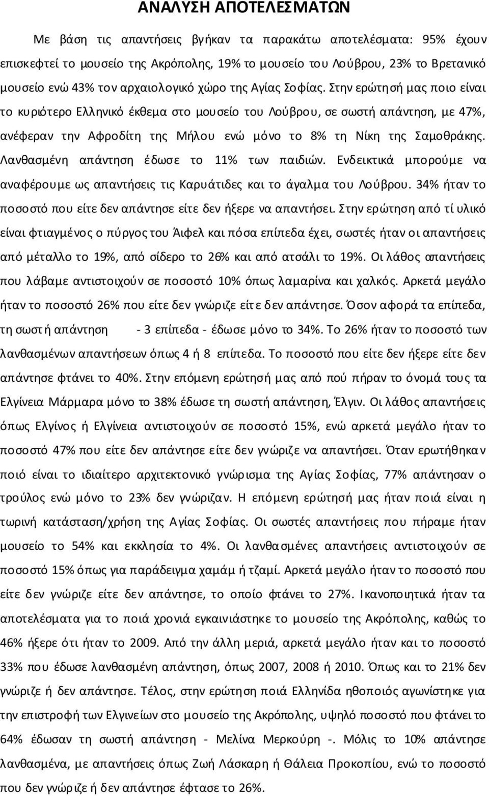 Στην ερώτησή μας ποιο είναι το κυριότερο Ελληνικό έκθεμα στο μουσείο του Λούβρου, σε σωστή απάντηση, με 47%, ανέφεραν την Αφροδίτη της Μήλου ενώ μόνο το 8% τη Νίκη της Σαμοθράκης.