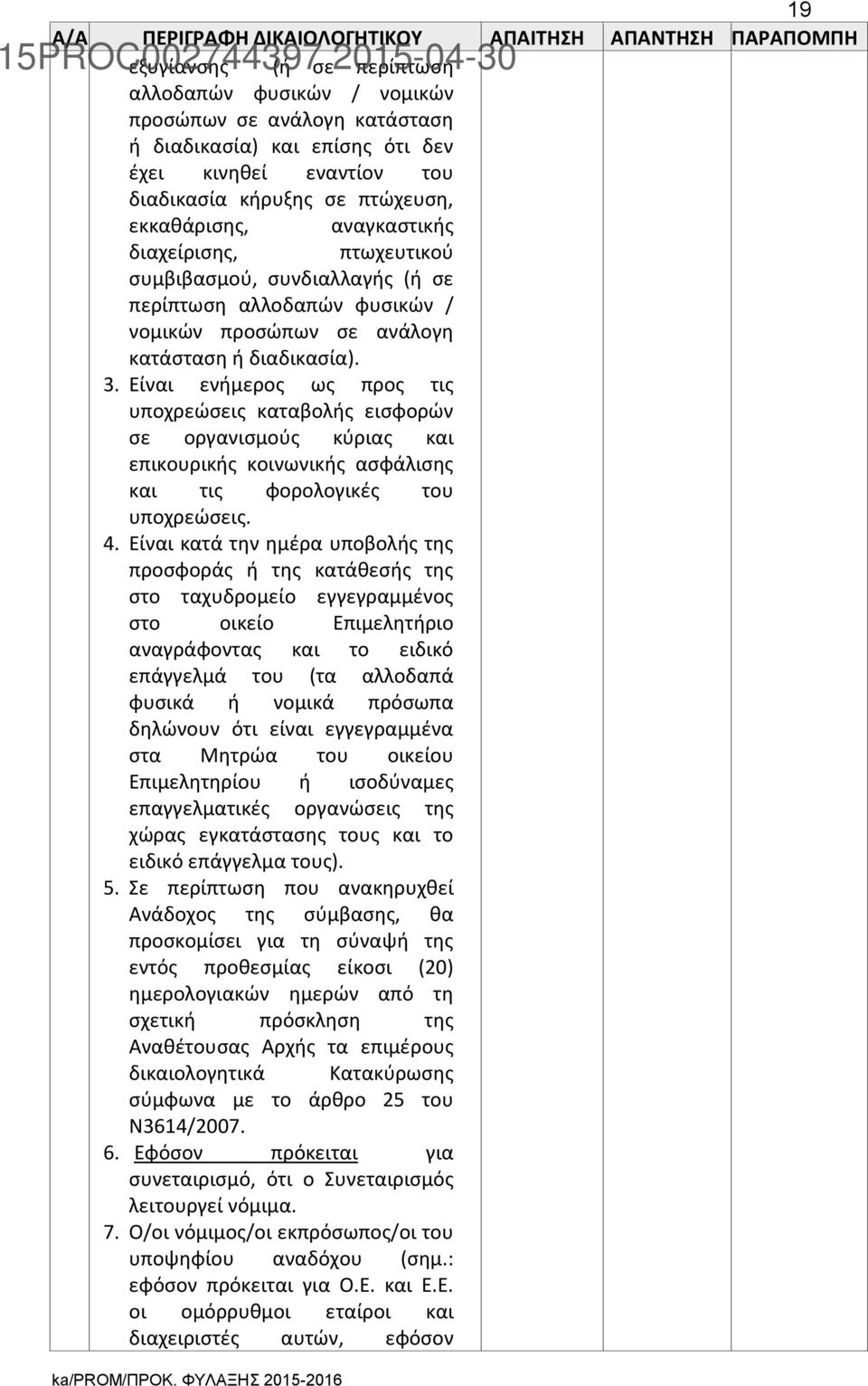 διαδικασία). 3. Είναι ενήμερος ως προς τις υποχρεώσεις καταβολής εισφορών σε οργανισμούς κύριας και επικουρικής κοινωνικής ασφάλισης και τις φορολογικές του υποχρεώσεις. 4.