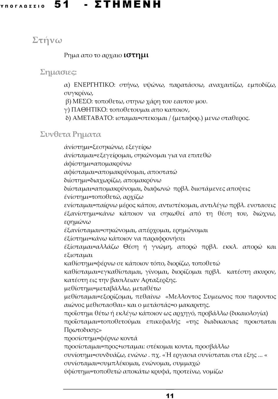 Συνθετα Ρηματα άνίστημι=ξεσηκώνω, εξεγείρω άνίσταμαι=εξεγείρομαι, σηκώνομαι για να επιτεθώ άφίστημι=απομακρύνω αφίσταμαι=απομακρύνομαι, αποστατώ διίστημι=διαχωρίζω, απομακρύνω