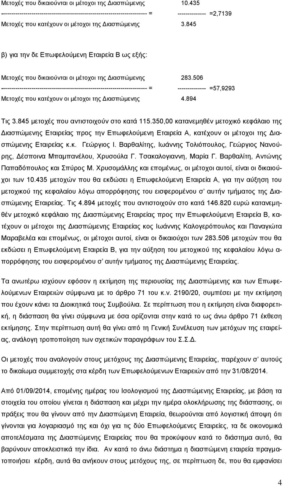 845 β) για την δε Επωφελούμενη Εταιρεία Β ως εξής: Μετοχές που δικαιούνται οι μέτοχοι της Διασπώμενης 283.