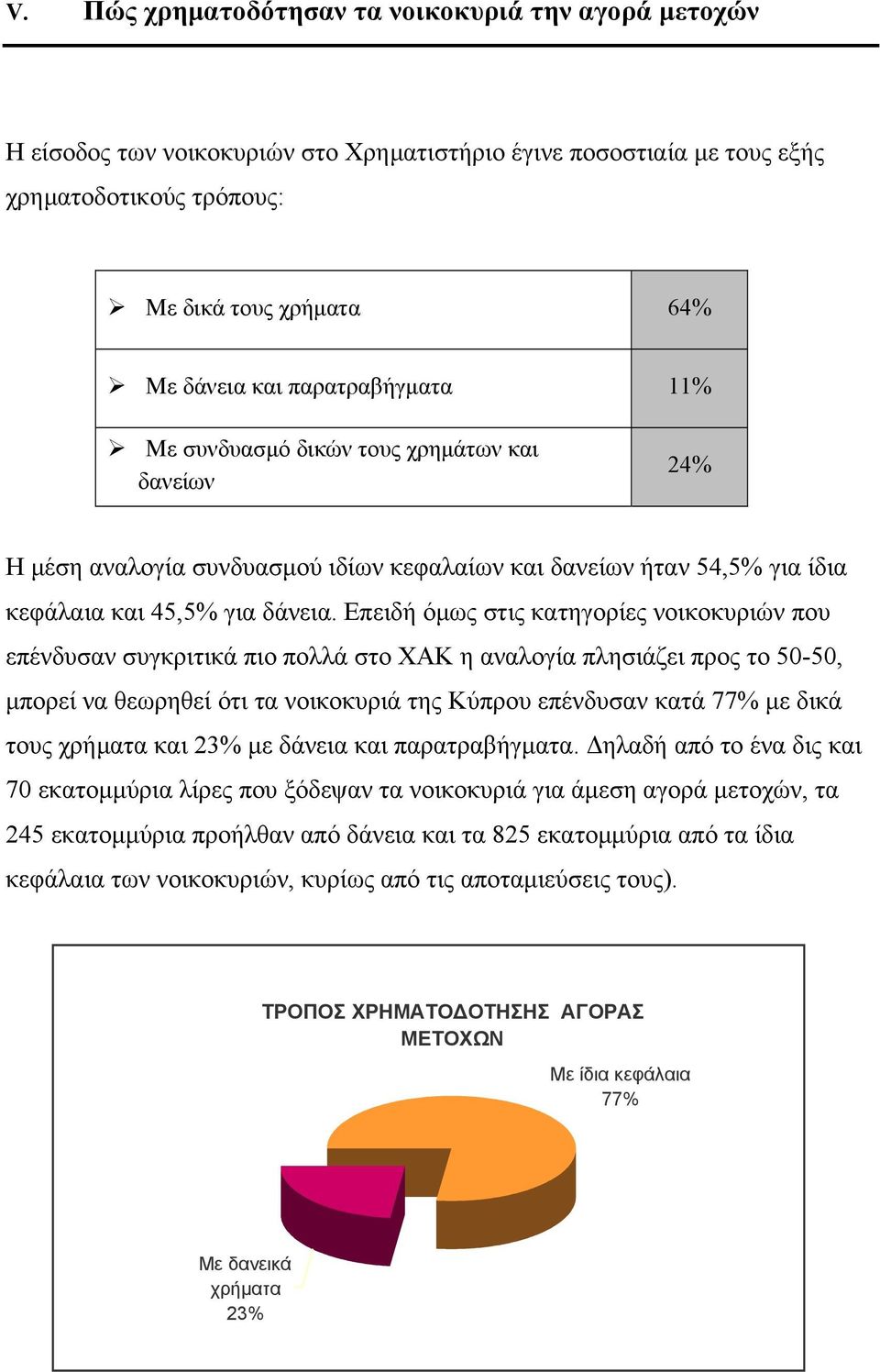 Επειδή όµως στις κατηγορίες νοικοκυριών που επένδυσαν συγκριτικά πιο πολλά στο ΧΑΚ η αναλογία πλησιάζει προς το 50-50, µπορεί να θεωρηθεί ότι τα νοικοκυριά της Κύπρου επένδυσαν κατά 77% µε δικά τους