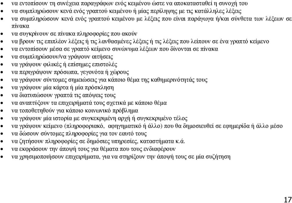 λείπουν σε ένα γραπτό κείµενο να εντοπίσουν µέσα σε γραπτό κείµενο συνώνυµα λέξεων που δίνονται σε πίνακα να συµπληρώσουν/να γράψουν αιτήσεις να γράψουν φιλικές ή επίσηµες επιστολές να περιγράψουν