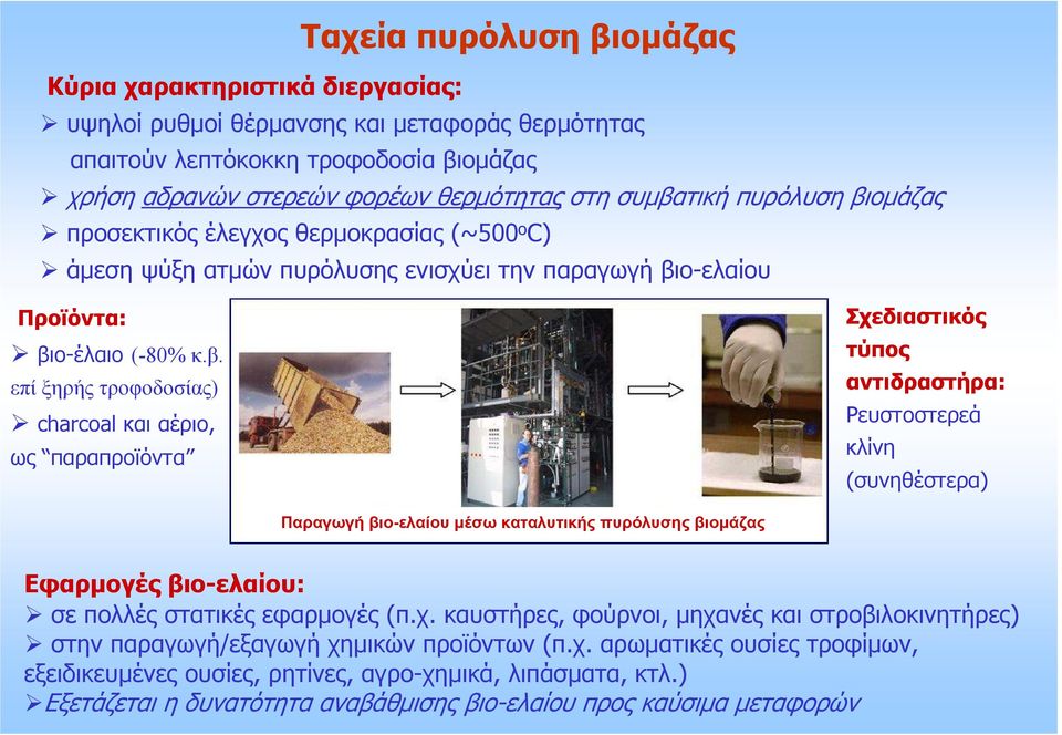 αέριο, ως παραπροϊόντα Σχεδιαστικός τύπος αντιδραστήρα: Ρευστοστερεά κλίνη (συνηθέστερα) Παραγωγή βιο-ελαίου µέσω καταλυτικής πυρόλυσης βιοµάζας Εφαρµογές βιο-ελαίου: σε πολλές στατικές εφαρµογές (π.