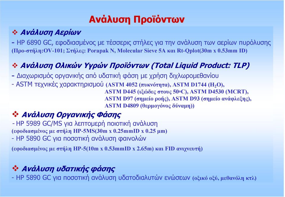 (H 2 O), ASTM D445 (ιξώδες στους 50 o C), ASTM D4530 (MCRT), ASTM D97 (σηµείο ροής), ASTM D93 (σηµείο ανάφλεξης), ASTM D4809 (θερµογόνος δύναµη)) Ανάλυση Οργανικής Φάσης - HP 5989 GC/MS για λεπτοµερή