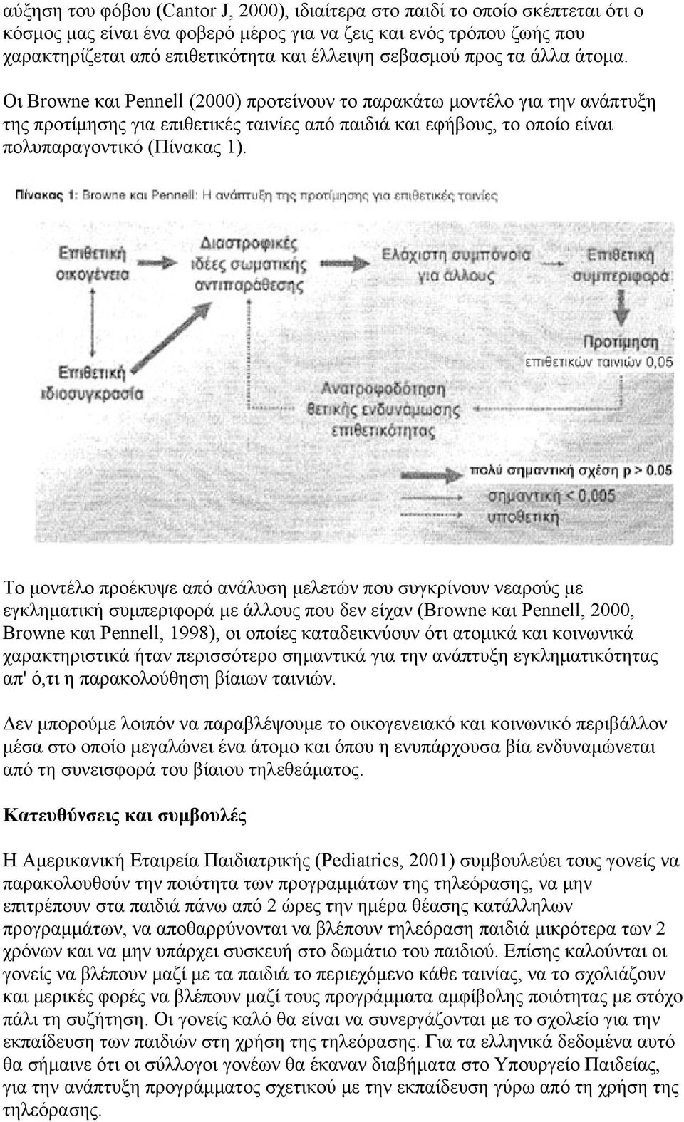 Οι Browne και Pennell (2000) προτείνουν το παρακάτω μοντέλο για την ανάπτυξη της προτίμησης για επιθετικές ταινίες από παιδιά και εφήβους, το οποίο είναι πολυπαραγοντικό (Πίνακας 1).