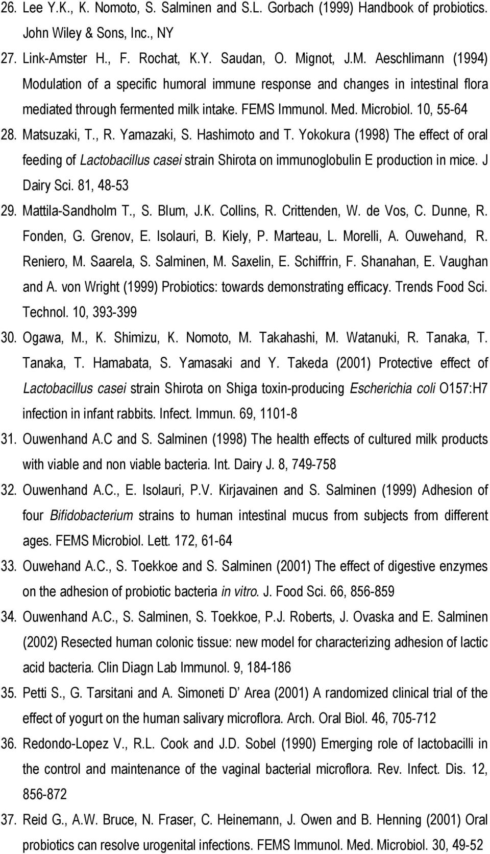 Matsuzaki, T., R. Yamazaki, S. Hashimoto and T. Yokokura (1998) The effect of oral feeding of Lactobacillus casei strain Shirota on immunoglobulin E production in mice. J Dairy Sci. 81, 48-53 29.