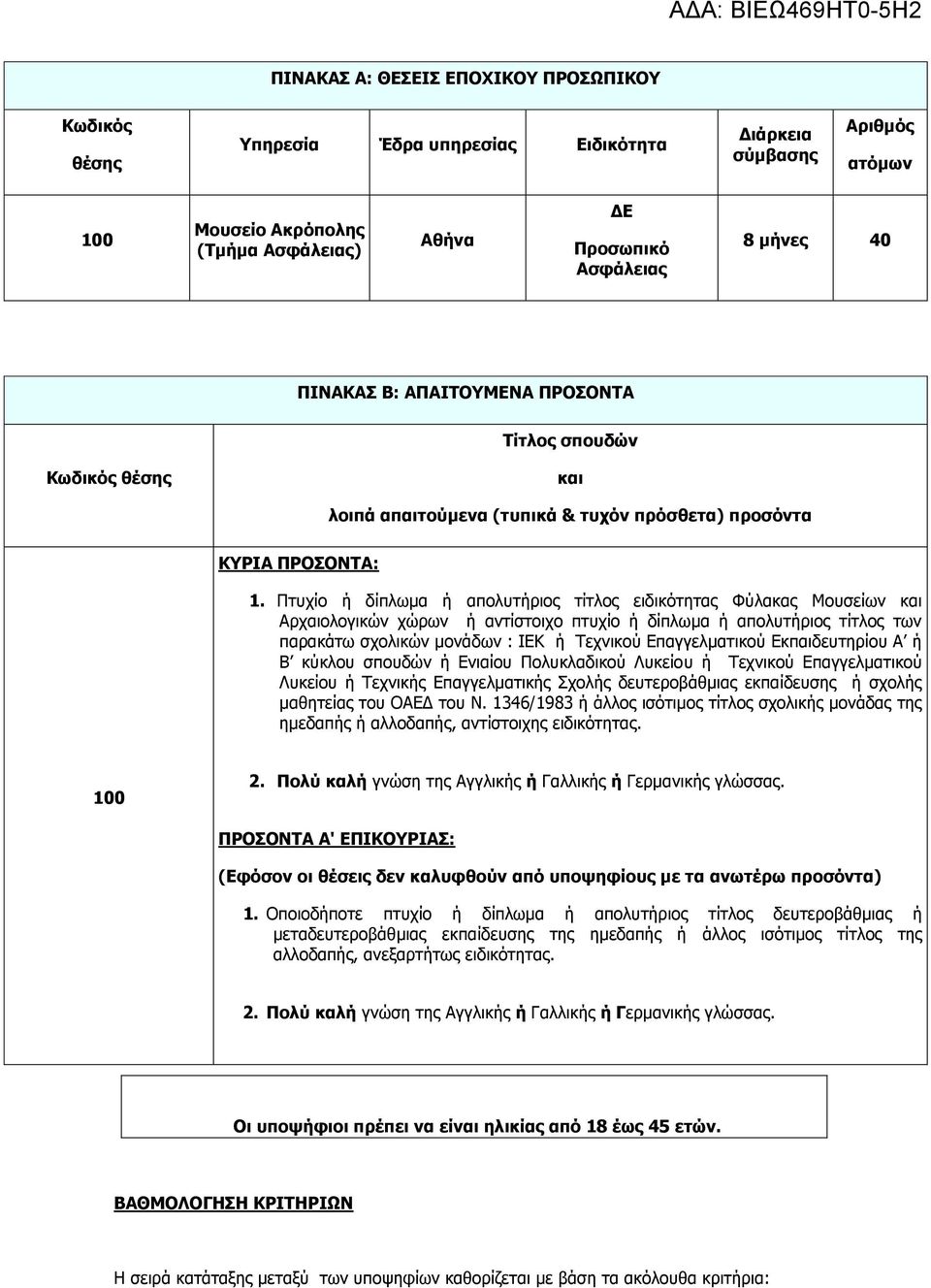 Πτυχίο ή δίπλωμα ή απολυτήριος τίτλος ειδικότητας Φύλακας Μουσείων και Αρχαιολογικών χώρων ή αντίστοιχο πτυχίο ή δίπλωμα ή απολυτήριος τίτλος των παρακάτω σχολικών μονάδων : ΙΕΚ ή Τεχνικού