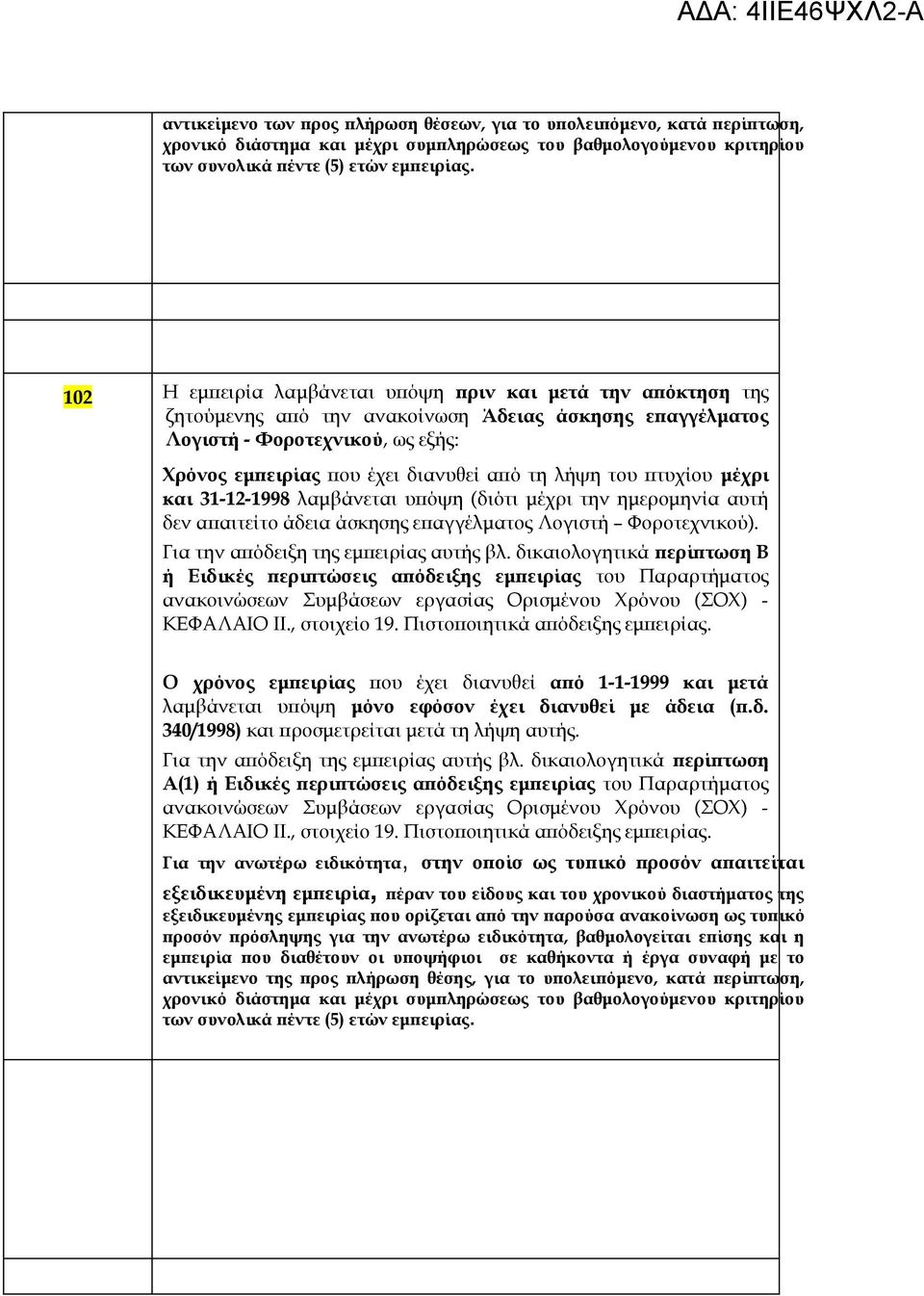 του πτυχίου μέχρι και 3-2-998 λαμβάνεται υπόψη (διότι μέχρι την ημερομηνία αυτή δεν απαιτείτο άδεια άσκησης επαγγέλματος Λογιστή Φοροτεχνικού). Για την απόδειξη της εμπειρίας αυτής βλ.