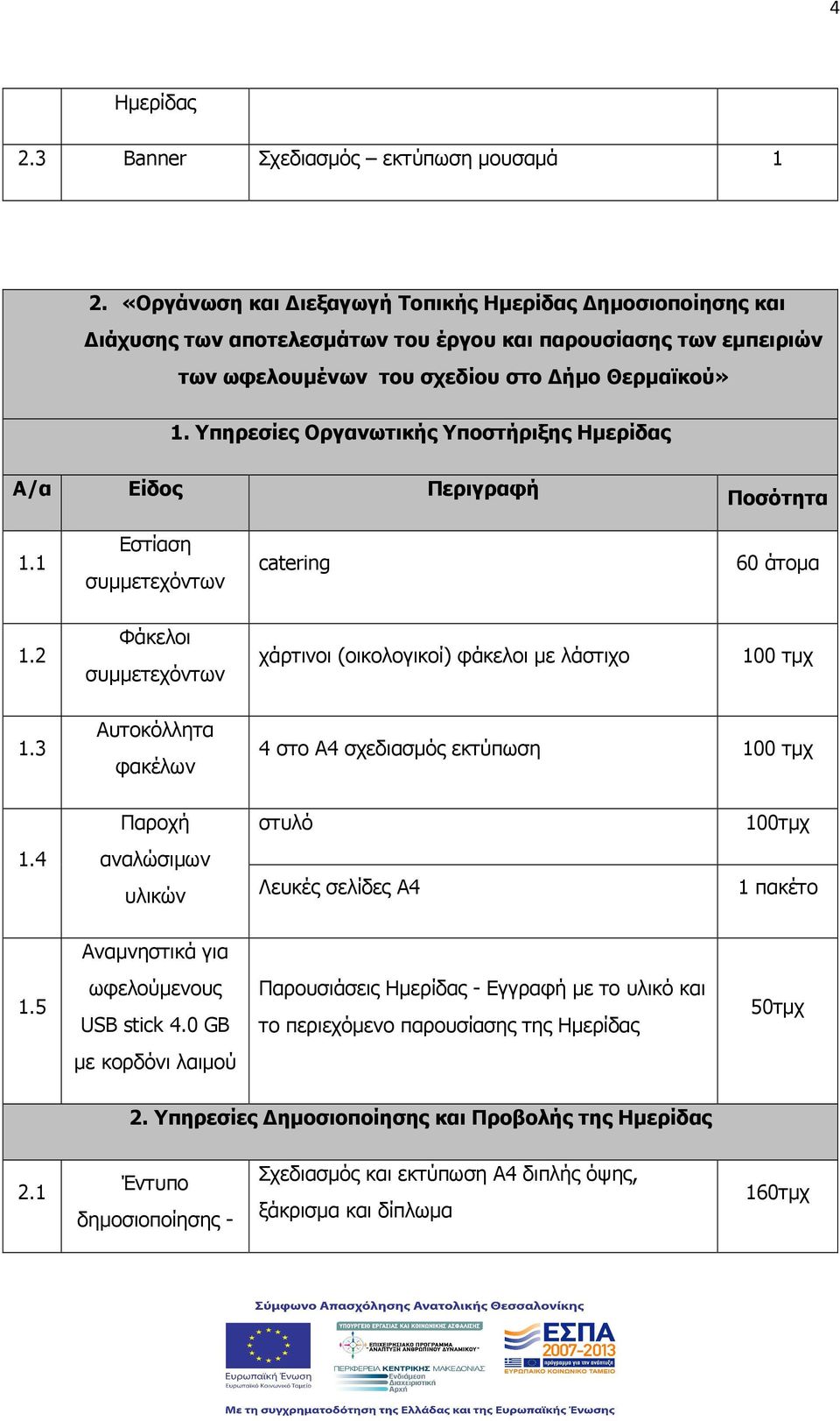 Υπηρεσίες Οργανωτικής Υποστήριξης Ηµερίδας Α/α Είδος Περιγραφή Ποσότητα 1.1 Εστίαση συµµετεχόντων catering 60 άτοµα 1.2 Φάκελοι συµµετεχόντων χάρτινοι (οικολογικοί) φάκελοι µε λάστιχο 100 τµχ 1.