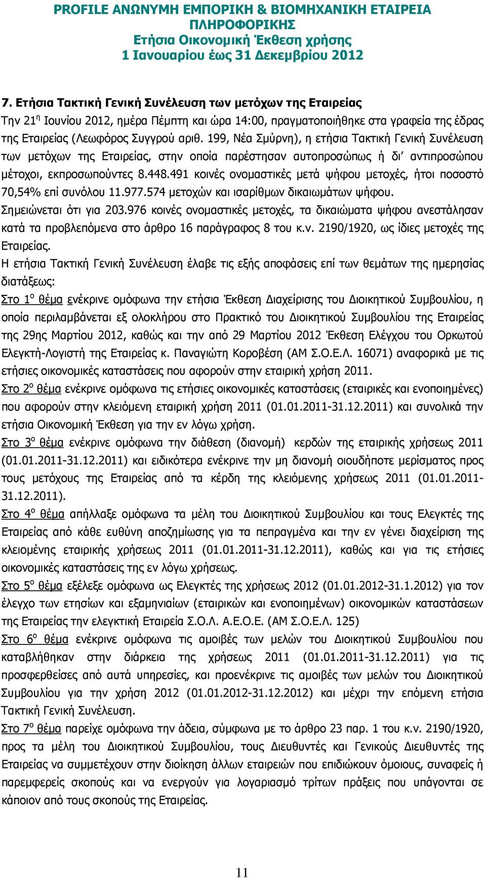 491 κοινές ονοµαστικές µετά ψήφου µετοχές, ήτοι ποσοστό 70,54% επί συνόλου 11.977.574 µετοχών και ισαρίθµων δικαιωµάτων ψήφου. Σηµειώνεται ότι για 203.