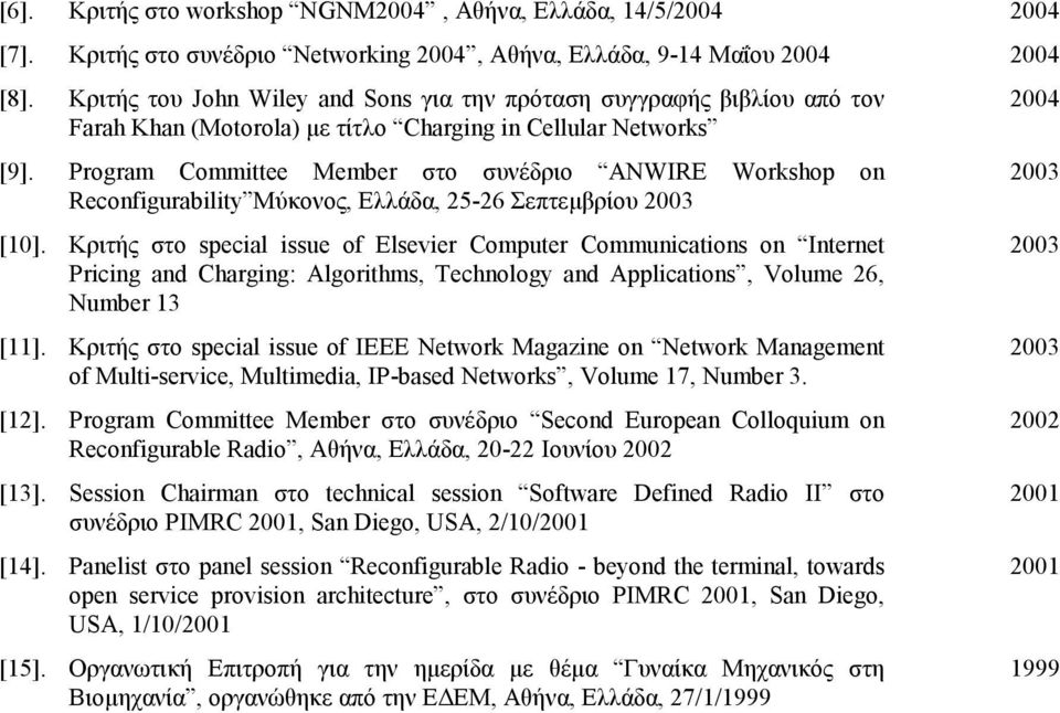 Program Committee Member στο συνέδριο ANWIRE Workshop on Reconfigurability Μύκονος, Ελλάδα, 25-26 Σεπτεµβρίου [10].