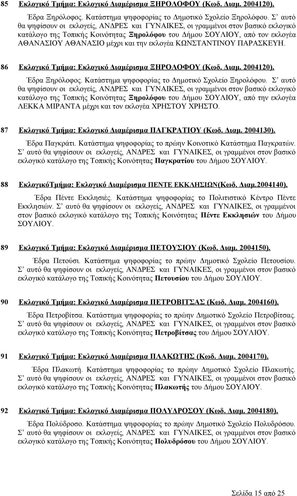 86 Εκλογικό Τμήμα: Εκλογικό Διαμέρισμα ΞΗΡΟΛΟΦΟΥ (Κωδ. Διαμ. 2004120). Έδρα Ξηρόλοφος. Κατάστημα ψηφοφορίας το Δημοτικό Σχολείο Ξηρολόφου.