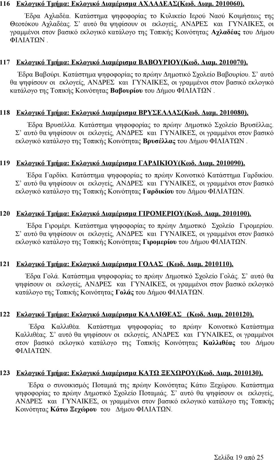 117 Εκλογικό Τμήμα: Εκλογικό Διαμέρισμα ΒΑΒΟΥΡΙΟΥ(Κωδ. Διαμ. 2010070). Έδρα Βαβούρι. Κατάστημα ψηφοφορίας το πρώην Δημοτικό Σχολείο Βαβουρίου.