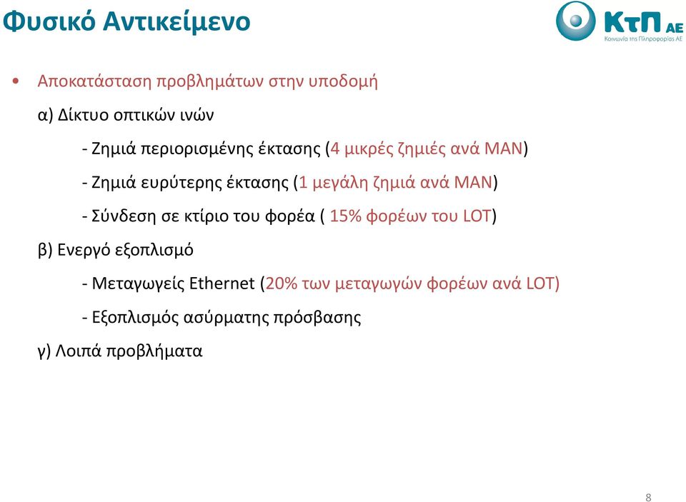 ανά ΜΑΝ) -Σύνδεση σε κτίριο του φορέα (15% φορέων του LOT) β) Ενεργό εξοπλισμό - Μεταγωγείς