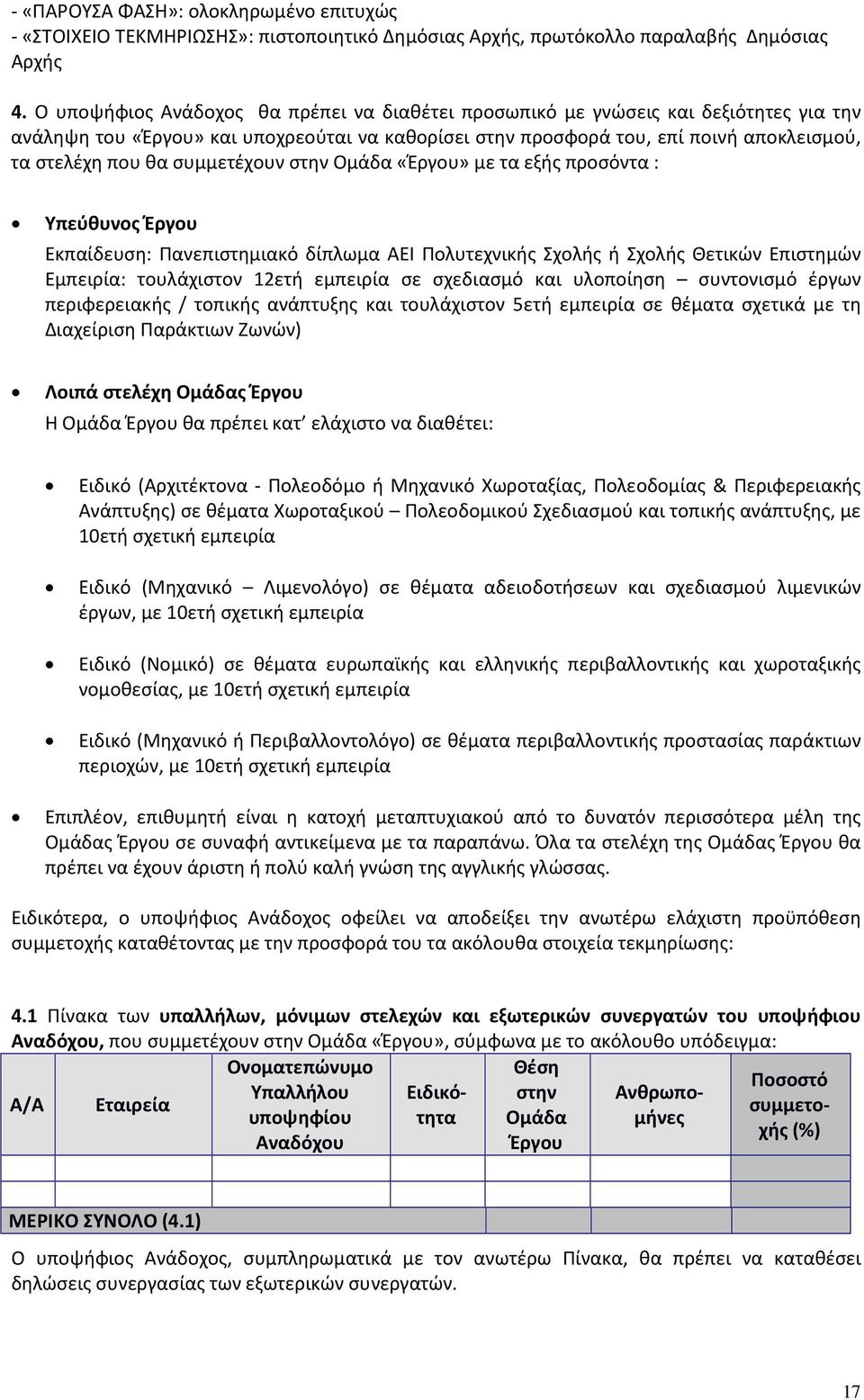 συμμετέχουν στην Ομάδα «Έργου» με τα εξής προσόντα : Υπεύθυνος Έργου Εκπαίδευση: Πανεπιστημιακό δίπλωμα ΑΕΙ Πολυτεχνικής Σχολής ή Σχολής Θετικών Επιστημών Εμπειρία: τουλάχιστον 12ετή εμπειρία σε