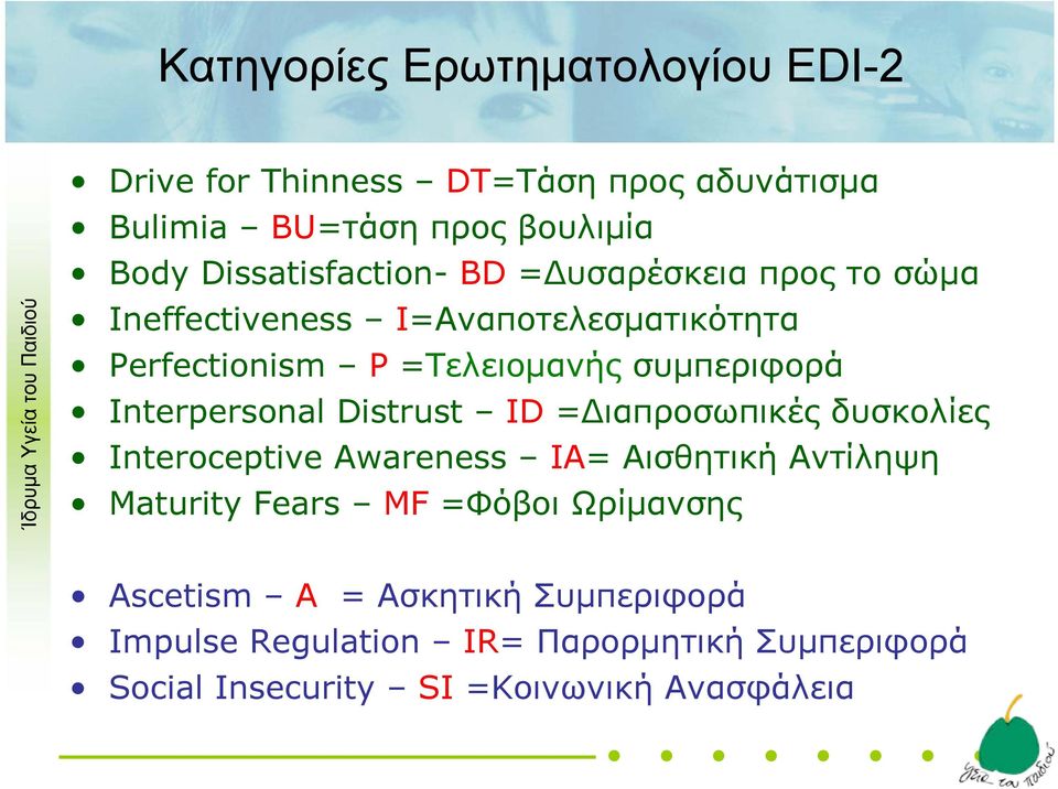 συμπεριφορά Interpersonal Distrust ID =Διαπροσωπικές δυσκολίες Interoceptive Awareness IA= Αισθητική Αντίληψη Maturity