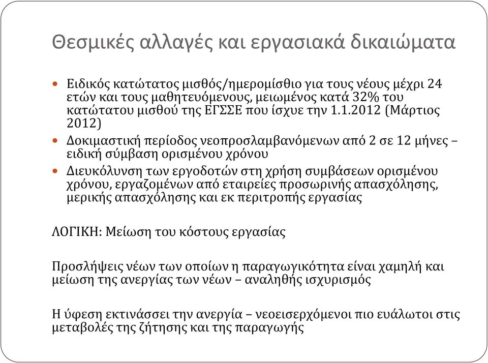 1.2012 (Μάρτιος 2012) Δοκιμαστική περίοδος νεοπροσλαμβανόμενων από 2 σε 12 μήνες ειδική σύμβαση ορισμένου χρόνου Διευκόλυνση των εργοδοτών στη χρήση συμβάσεων ορισμένου χρόνου,