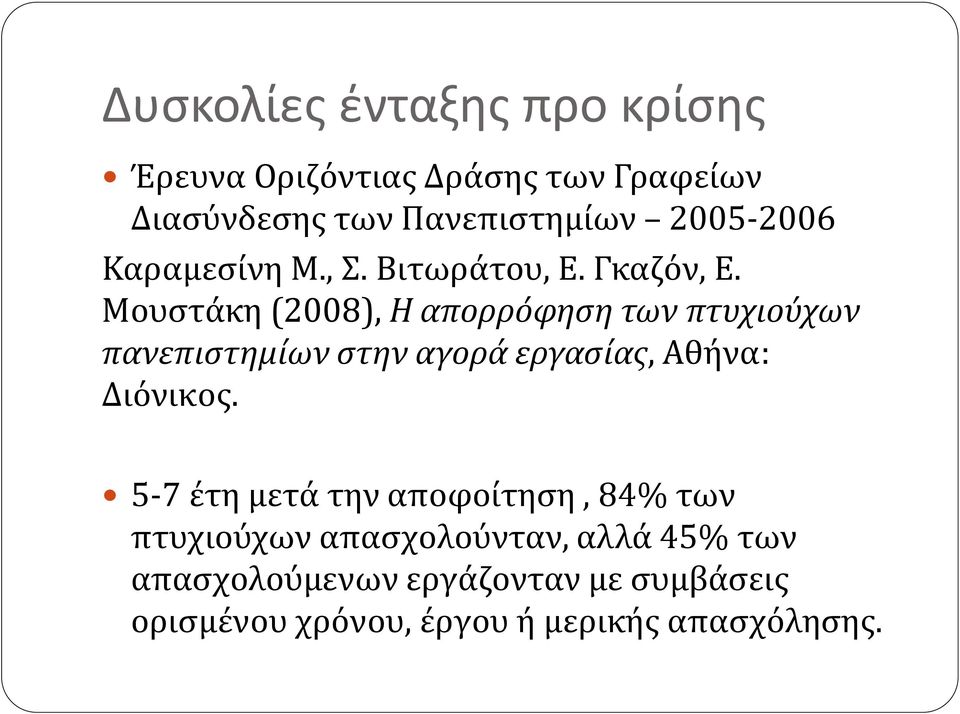 Μουστάκη (2008), Η απορρόφηση των πτυχιούχων πανεπιστημίων στην αγορά εργασίας, Αθήνα: Διόνικος.