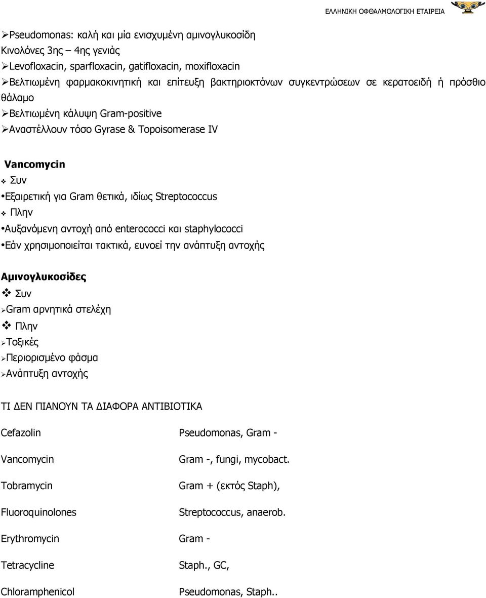 αντοχή από enterococci και staphylococci Εάν χρησιµοποιείται τακτικά, ευνοεί την ανάπτυξη αντοχής Αµινογλυκοσίδες Συν Gram αρνητικά στελέχη Πλην Τοξικές Περιορισµένο φάσµα Ανάπτυξη αντοχής ΤΙ ΕΝ