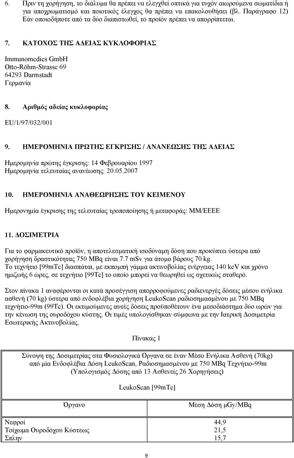 Αριθμός αδείας κυκλοφορίας EU/1/97/032/001 9. ΗΜΕΡΟΜΗΝΙΑ ΠΡΩΤΗΣ ΕΓΚΡΙΣΗΣ / ΑΝΑΝΕΩΣΗΣ ΤΗΣ ΑΔΕΙΑΣ Ημερομηνία πρώτης έγκρισης: 14 Φεβρουαρίου 1997 Ημερομηνία τελευταίας ανανέωσης: 20.05.2007 10.