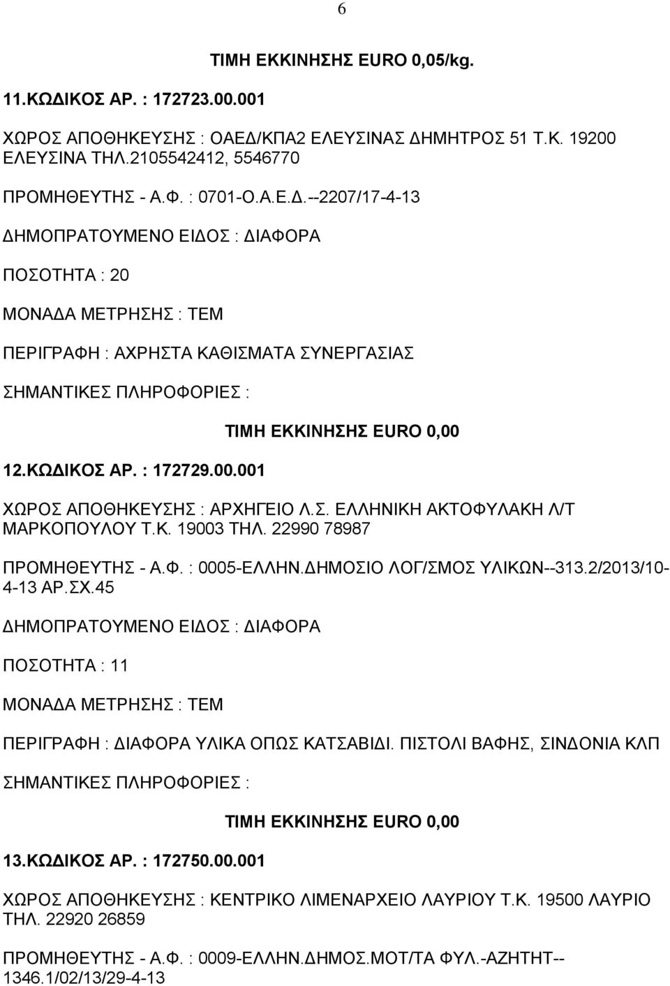 2/2013/10-4-13 ΑΡ.ΣΧ.45 ΠΟΣΟΤΗΤΑ : 11 ΠΕΡΙΓΡΑΦΗ : ΔΙΑΦΟΡΑ ΥΛΙΚΑ ΟΠΩΣ ΚΑΤΣΑΒΙΔΙ. ΠΙΣΤΟΛΙ ΒΑΦΗΣ, ΣΙΝΔΟΝΙΑ ΚΛΠ 13.ΚΩΔΙΚΟΣ ΑΡ. : 172750.00.