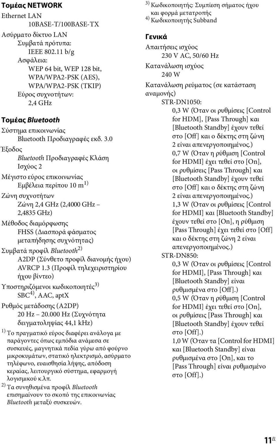 0 Έξοδος Bluetooth Προδιαγραφές Κλάση Ισχύος 2 Μέγιστο εύρος επικοινωνίας Εμβέλεια περίπου 10 m 1) Ζώνη συχνοτήτων Ζώνη 2,4 GHz (2,4000 GHz 2,4835 GHz) Μέθοδος διαμόρφωσης FHSS (Διασπορά φάσματος