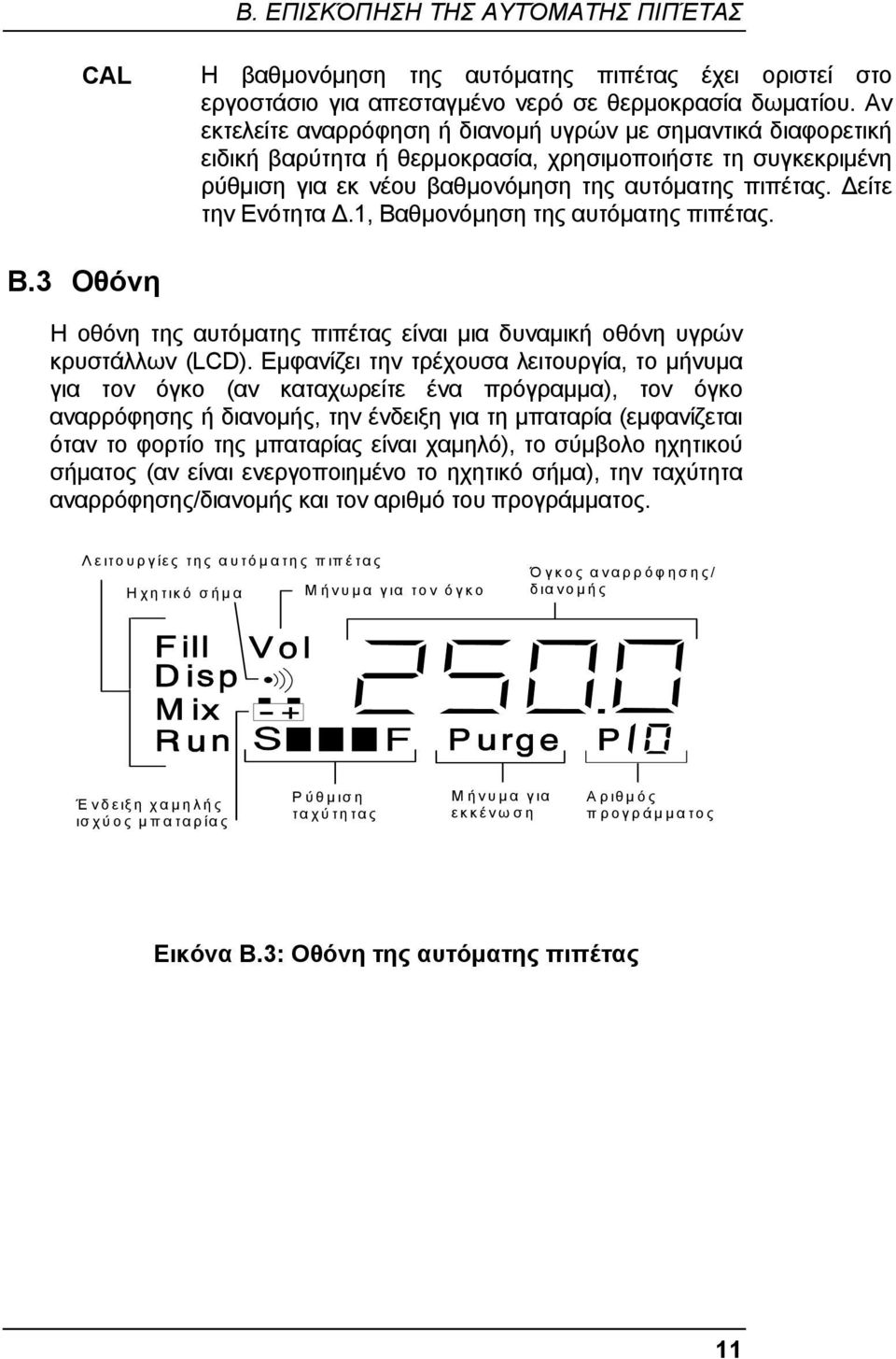 1, Βαθµονόµηση της αυτόµατης πιπέτας. B.3 Οθόνη Η οθόνη της αυτόµατης πιπέτας είναι µια δυναµική οθόνη υγρών κρυστάλλων (LCD).