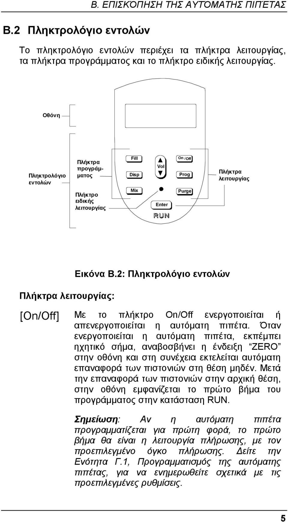 2: Πληκτρολόγιο εντολών [On/Off] Με το πλήκτρο On/Off ενεργοποιείται ή απενεργοποιείται η αυτόµατη πιπέτα.