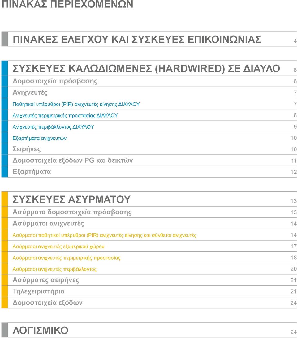 Εξαρτήματα 12 ΣΥΣΚΕΥΕΣ ΑΣΥΡΜΑΤΟΥ 13 Ασύρματα δομοστοιχεία πρόσβασης 13 Ασύρματοι ανιχνευτές 14 Ασύρματοι παθητικοί υπέρυθροι (PIR) ανιχνευτές κίνησης και σύνθετοι ανιχνευτές 14