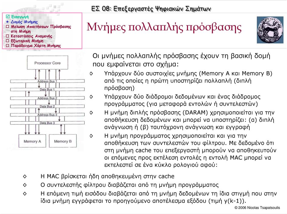 δεδοµένων και µπορεί να υποστηρίζει: (α) διπλή ανάγνωση ή (β) ταυτόχρονη ανάγνωση και εγγραφή Η µνήµη προγράµµατος χρησιµοποιείται και για την αποθήκευση των συντελεστών του φίλτρου.