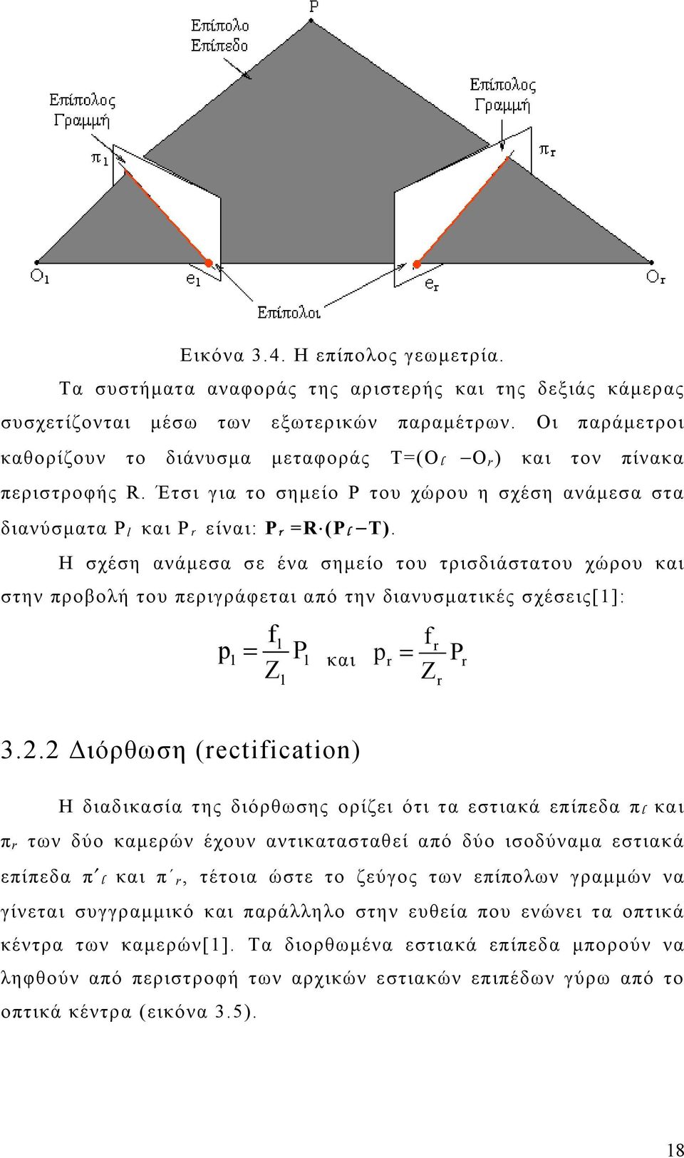 Η σχέση ανάµεσα σε ένα σηµείο του τρισδιάστατου χώρου και στην προβολή του περιγράφεται από την διανυσµατικές σχέσεις[1]: p f l l = Pl και Zl p r fr = Z r P r 3.2.