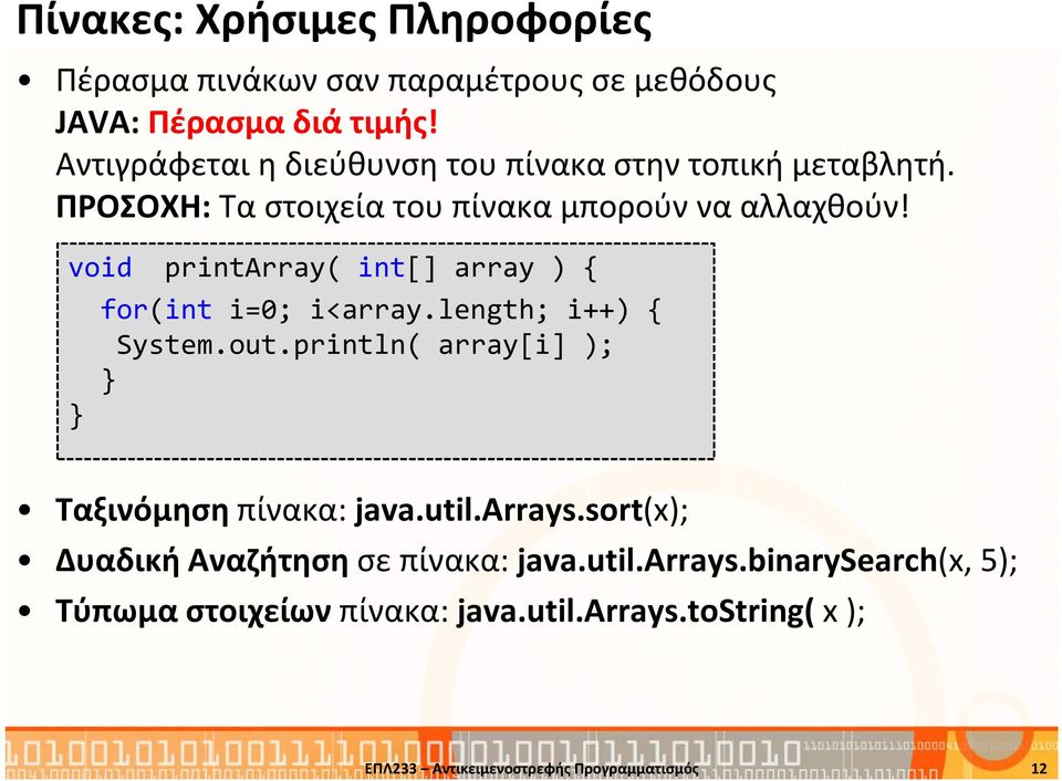 void printarray( int[] array ) { for(int i=0; i<array.length; i++) { System.out.println( array[i] ); Ταξινόμηση πίνακα: java.util.