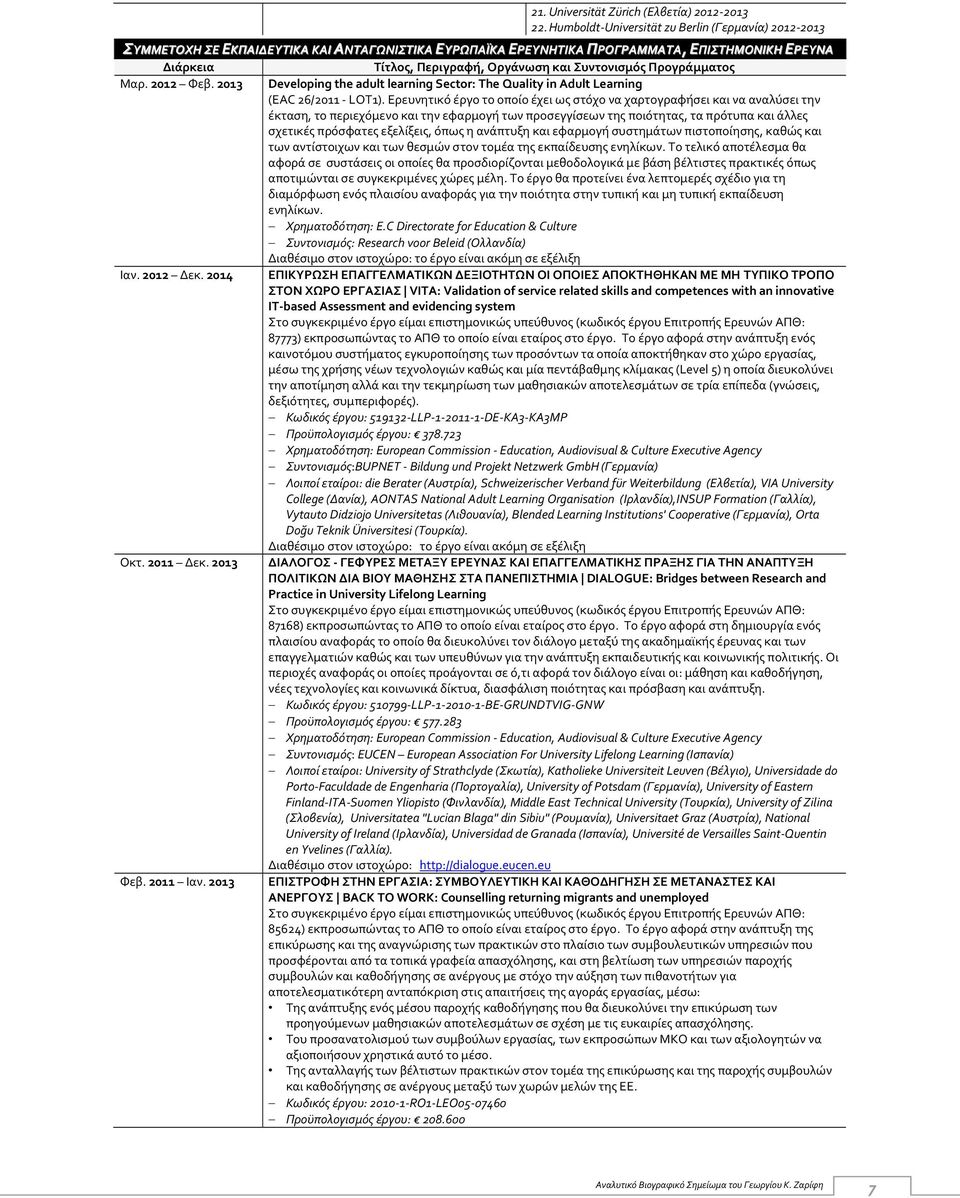 Συντονισμός Προγράμματος Μαρ. 2012 Φεβ. 2013 Developing the adult learning Sector: The Quality in Adult Learning (EAC 26/2011 LOT1).