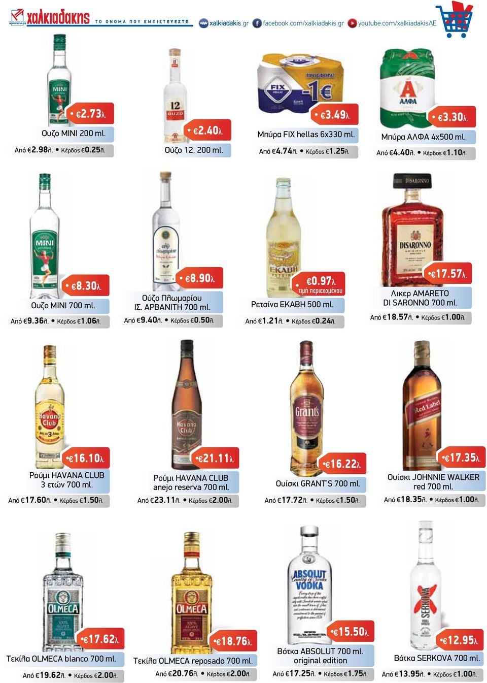 τιµή περιεχοµένου Ρετσίνα ΕΚΑΒΗ 500 ml. Από 1.21λ. Κέρδος 0.24λ. 17.57λ. Λικερ AMARETO DI SARONNO 700 ml. Από 18.57λ. Κέρδος 1.00λ. 16.10λ. Ρούµι HAVANA CLUB 3 ετών 700 ml. 21.11λ.
