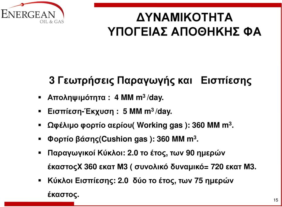 Φορτίο βάσης(cushion gas ): 360 MM m 3. Παραγωγικοί Κύκλοι: 2.