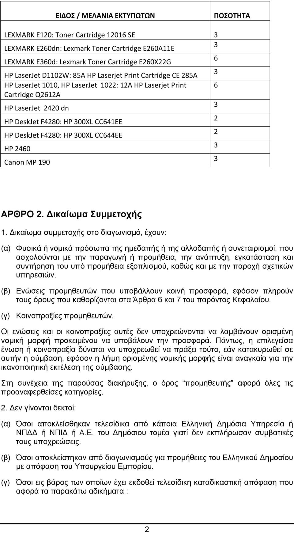 300XL CC644EE 2 HP 2460 3 Canon MP 190 3 ΑΡΘΡΟ 2. Δικαίωμα Συμμετοχής 1.