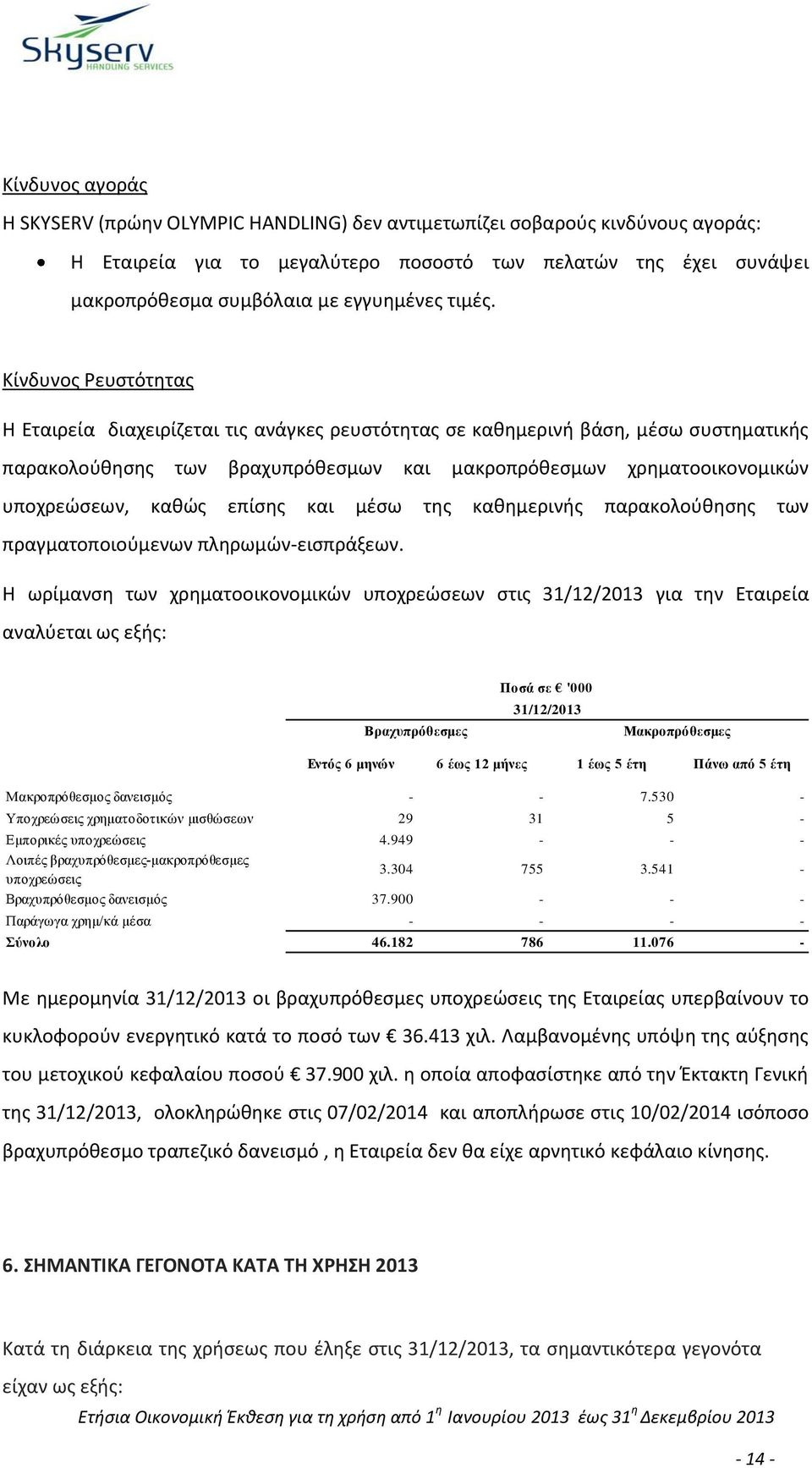 Κίνδυνος Ρευστότητας Η Εταιρεία διαχειρίζεται τις ανάγκες ρευστότητας σε καθημερινή βάση, µέσω συστηματικής παρακολούθησης των βραχυπρόθεσμων και μακροπρόθεσμων χρηματοοικονομικών υποχρεώσεων, καθώς