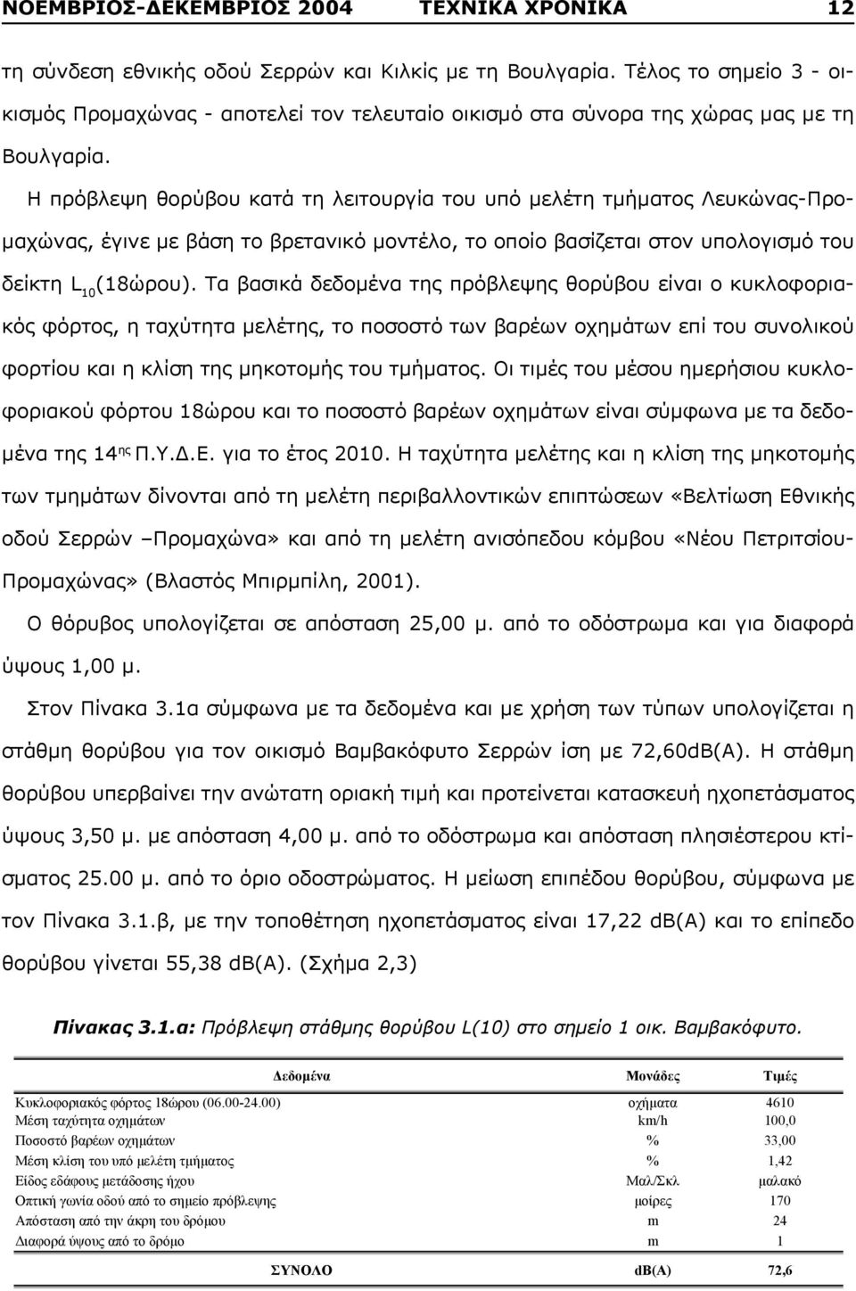 Η πρόβλεψη θορύβου κατά τη λειτουργία του υπό μελέτη τμήματος Λευκώνας-Προμαχώνας, έγινε με βάση το βρετανικό μοντέλο, το οποίο βασίζεται στον υπολογισμό του δείκτη L 10 (18ώρου).