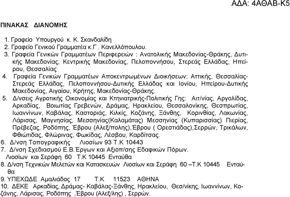 Γραφεία Γενικών Γραμματέων Αποκεντρωμένων Διοικήσεων: Αττικής, Θεσσαλίας- Στερεάς Ελλάδας, Πελοποννήσου-Δυτικής Ελλάδας και Ιονίου, Ηπείρου-Δυτικής Μακεδονίας, Αιγαίου, Κρήτης, Μακεδονίας-Θράκης. 5.