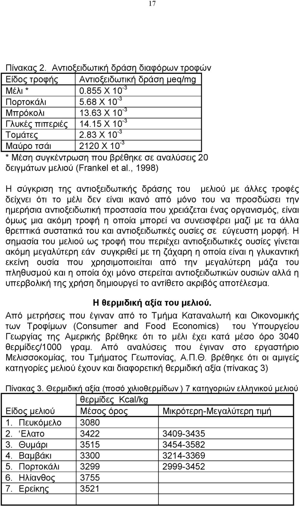 , 1998) Η σύγκριση της αντιοξειδωτικής δράσης του μελιού με άλλες τροφές δείχνει ότι το μέλι δεν είναι ικανό από μόνο του να προσδώσει την ημερήσια αντιοξειδωτική προστασία που χρειάζεται ένας