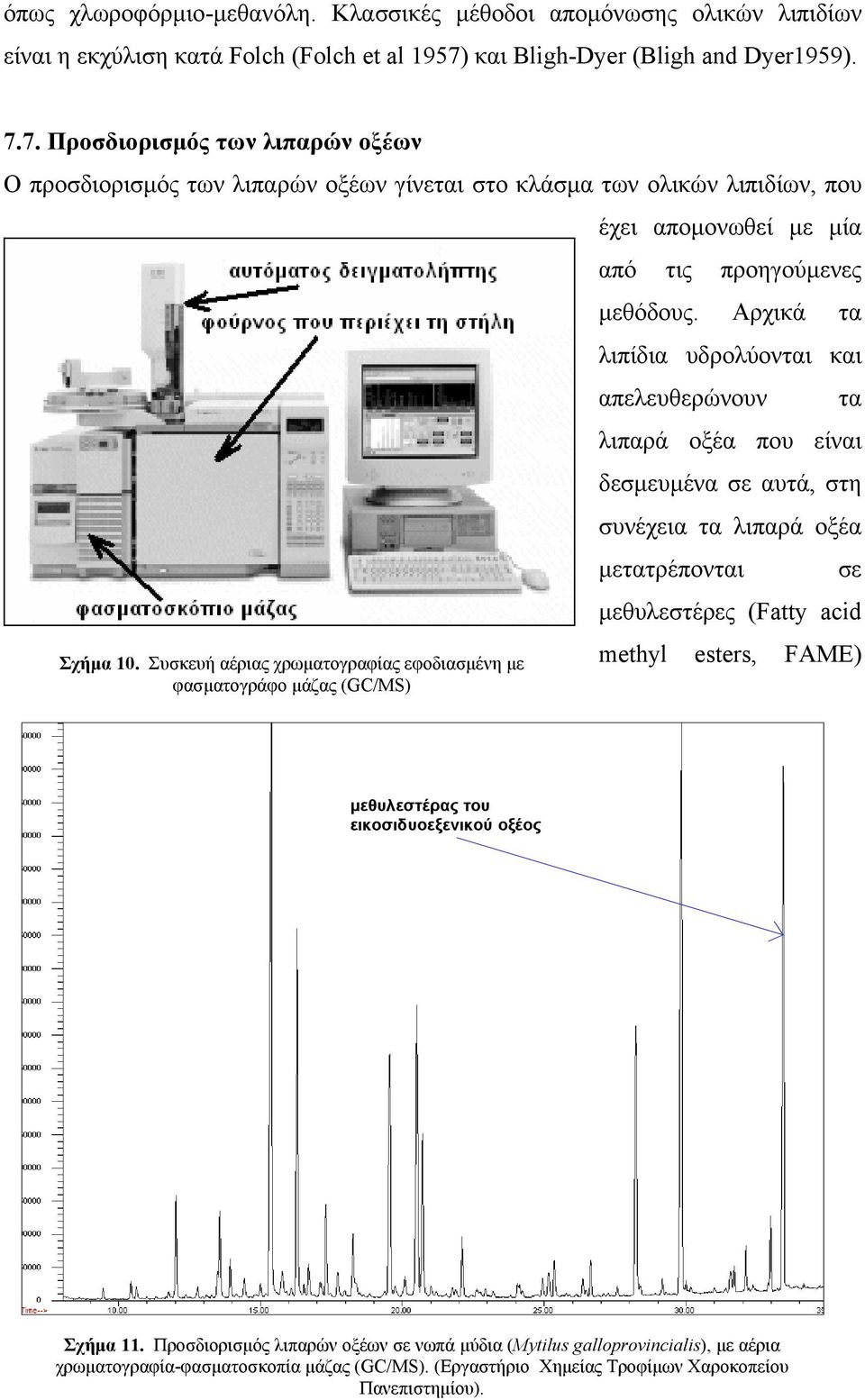 7. Προσδιορισμός των λιπαρών οξέων Ο προσδιορισμός των λιπαρών οξέων γίνεται στο κλάσμα των ολικών λιπιδίων, που έχει απομονωθεί με μία από τις προηγούμενες μεθόδους.