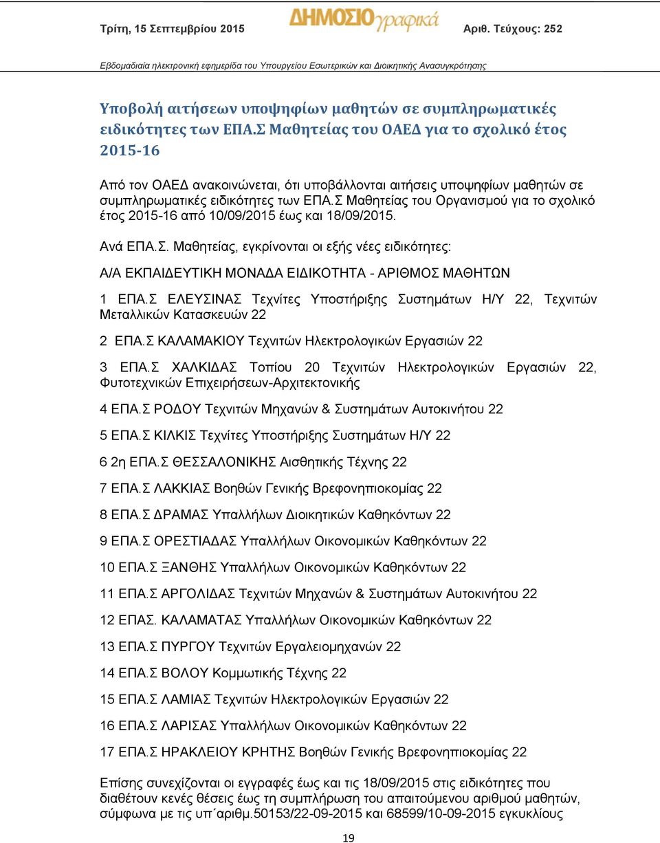 Σ Μαθητείας του Οργανισμού για το σχολικό έτος 2015-16 από 10/09/2015 έως και 18/09/2015. Aνά ΕΠΑ.Σ. Μαθητείας, εγκρίνονται οι εξής νέες ειδικότητες: A/A ΕΚΠΑΙΔΕΥΤΙΚΗ ΜΟΝΑΔΑ ΕΙΔΙΚΟΤΗΤΑ - ΑΡΙΘΜΟΣ ΜΑΘΗΤΩΝ 1 ΕΠΑ.