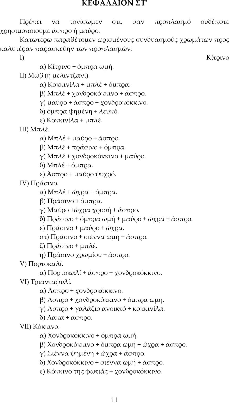 β) Μπλέ + χονδροκόκκινο + άσπρο. γ) μαύρο + άσπρο + χονδροκόκκινο. δ) όμπρα ψημένη + λευκό. ε) Κοκκινίλα + μπλέ. ΙΙΙ) Μπλέ. α) Μπλέ + μαύρο + άσπρο. β) Μπλέ + πράσινο + όμπρα.