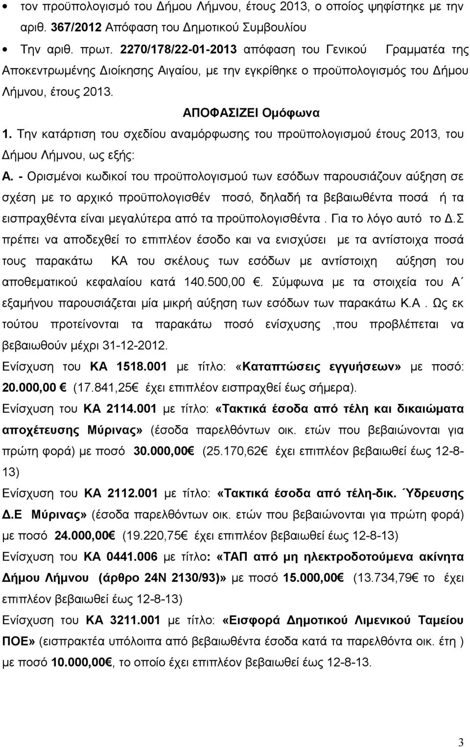 Την κατάρτιση του σχεδίου αναμόρφωσης του προϋπολογισμού έτους 2013, του Δήμου Λήμνου, ως εξής: Α.