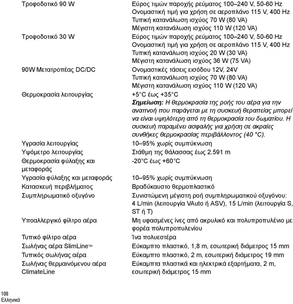 240 V, 50-60 Hz Ονομαστική τιμή για χρήση σε αεροπλάνο 115 V, 400 Hz Τυπική κατανάλωση ισχύος 70 W (80 VA) Μέγιστη κατανάλωση ισχύος 110 W (120 VA) Εύρος τιμών παροχής ρεύματος 100 240 V, 50-60 Hz