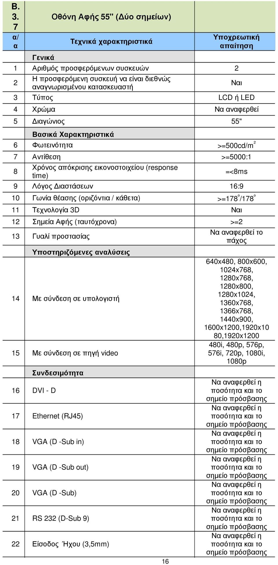 Αφής (τυτόχρον) >= 3 Γυλί προστσίς Υποστηριζόµενες νλύσεις 4 Με σύνδεση σε υπολογιστή 5 Με σύνδεση σε πηγή video Συνδεσιµότητ 6 DVI - D 7 Ethernet (RJ45) 8 VGA (D -Sub in) 9 VGA (D -Sub out) 0 VGA