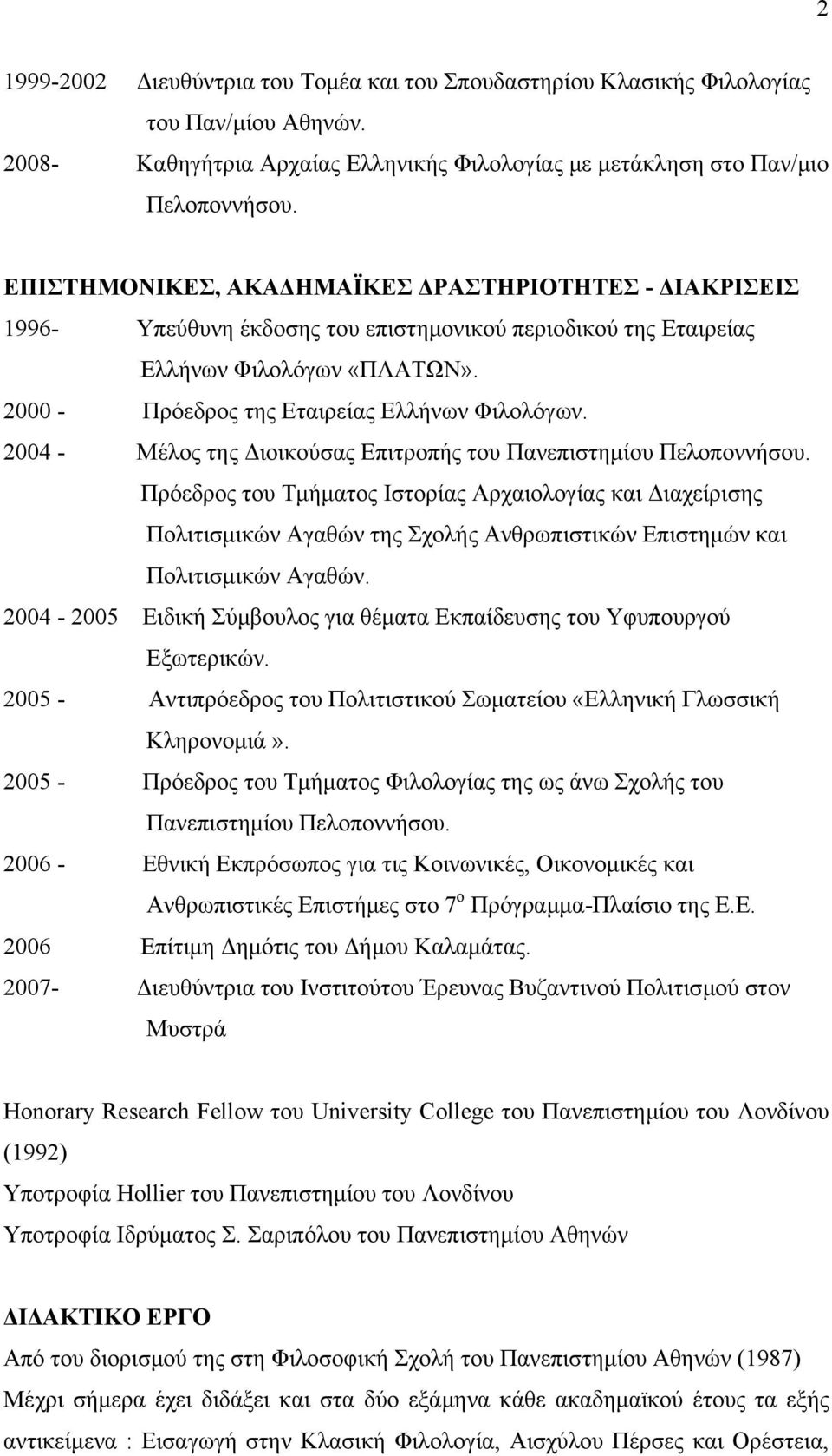 2004 - Μέλος της Διοικούσας Επιτροπής του Πανεπιστημίου Πελοποννήσου.