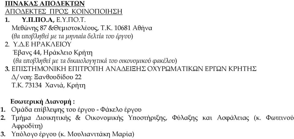 ΕΠΙΣΤΗΜΟΝΙΚΗ ΕΠΙΤΡΟΠΗ ΑΝΑΔΕΙΞΗΣ ΟΧΥΡΩΜΑΤΙΚΩΝ ΕΡΓΩΝ ΚΡΗΤΗΣ Δ/νση: Ξανθουδίδου 22 Τ.Κ. 73134 Χανιά, Κρήτη Εσωτερική Διανομή : 1.