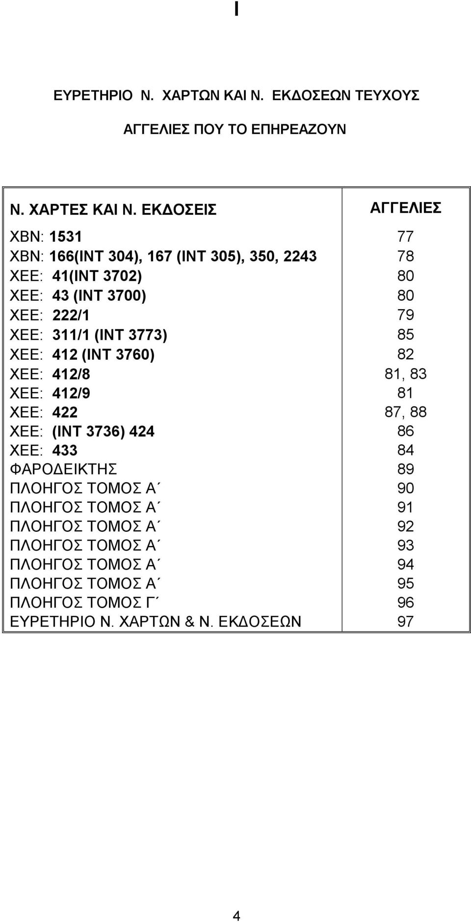 ΧΕΕ: 311/1 (ΙΝΤ 3773) 85 ΧΕΕ: 412 (ΙΝΤ 3760) 82 ΧΕΕ: 412/8 81, 83 ΧΕΕ: 412/9 81 ΧΕΕ: 422 87, 88 ΧΕΕ: (ΙΝΤ 3736) 424 86 ΧΕΕ: 433 84